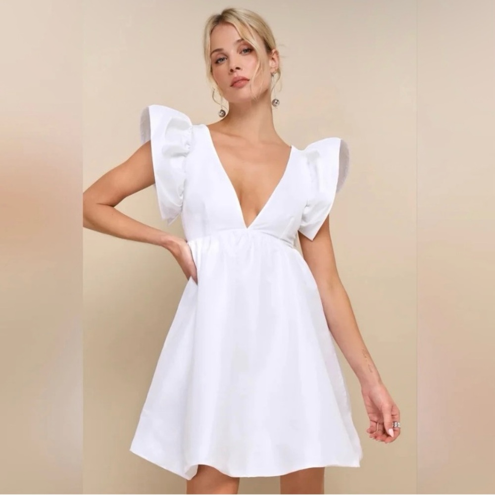 Lulu's Dramatic Dreams White Taffeta Ruffled Babydoll Dress